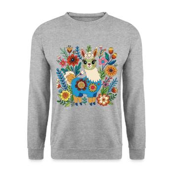 Baby-Alpaka in einem Blumenbeet - Unisex Pullover - Weißgrau meliert - Vorne - Alina (178cm) & Michal (187cm)