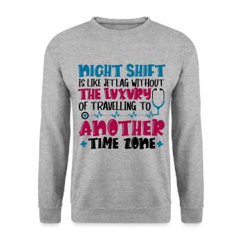 Night Shift is like jet lag - Unisex Pullover - Weißgrau meliert - Vorne - Alina (178cm) & Michal (187cm)