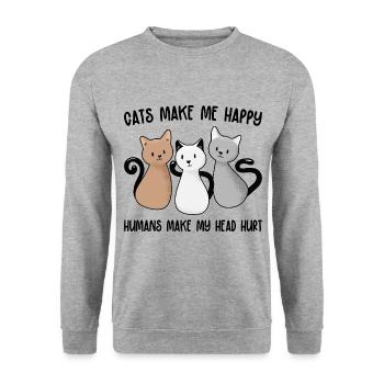 Cats Make Me Happy Humans Make My Heart Hurt Anima - Unisex Pullover - Weißgrau meliert - Vorne - Alina (178cm) & Michal (187cm)