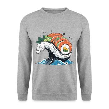 Ukiyo-E Sushi Welle Aesthetic Design - Unisex Pullover - Weißgrau meliert - Vorne - Alina (178cm) & Michal (187cm)