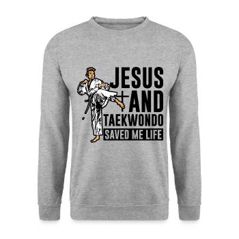 Jesus and Taekwondo saved me life - Unisex Pullover - Weißgrau meliert - Vorne - Alina (178cm) & Michal (187cm)
