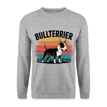 Bullterrier im Retro Sonnen-Style - Unisex Pullover - Weißgrau meliert - Vorne - Alina (178cm) & Michal (187cm)