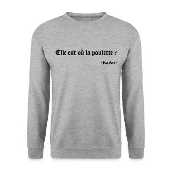 Elle est où la poulette ? Phrase culte Kadoc - Sweat-shirt Unisexe - gris chiné - Devant - Alina (178cm) & Michal (187cm)