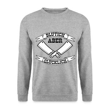 Blutich aber Glücklich Metzger Fleischer - Unisex Pullover - Weißgrau meliert - Vorne - Alina (178cm) & Michal (187cm)