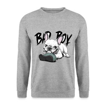 Französische Bulldogge zerkautem Schuh für - Unisex Pullover - Weißgrau meliert - Vorne - Alina (178cm) & Michal (187cm)