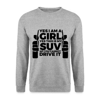 Femme avec véhicule tout-terrain - Sweat-shirt Unisexe - gris chiné - Devant - Alina (178cm) & Michal (187cm)