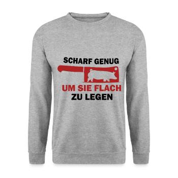 Scharf genug um sie flach zu legen Metzger - Unisex Pullover - Weißgrau meliert - Vorne - Alina (178cm) & Michal (187cm)