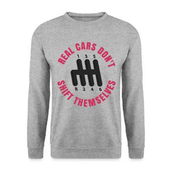 Echte Autos schalten nicht von selbst - Unisex Pullover - Weißgrau meliert - Vorne - Alina (178cm) & Michal (187cm)