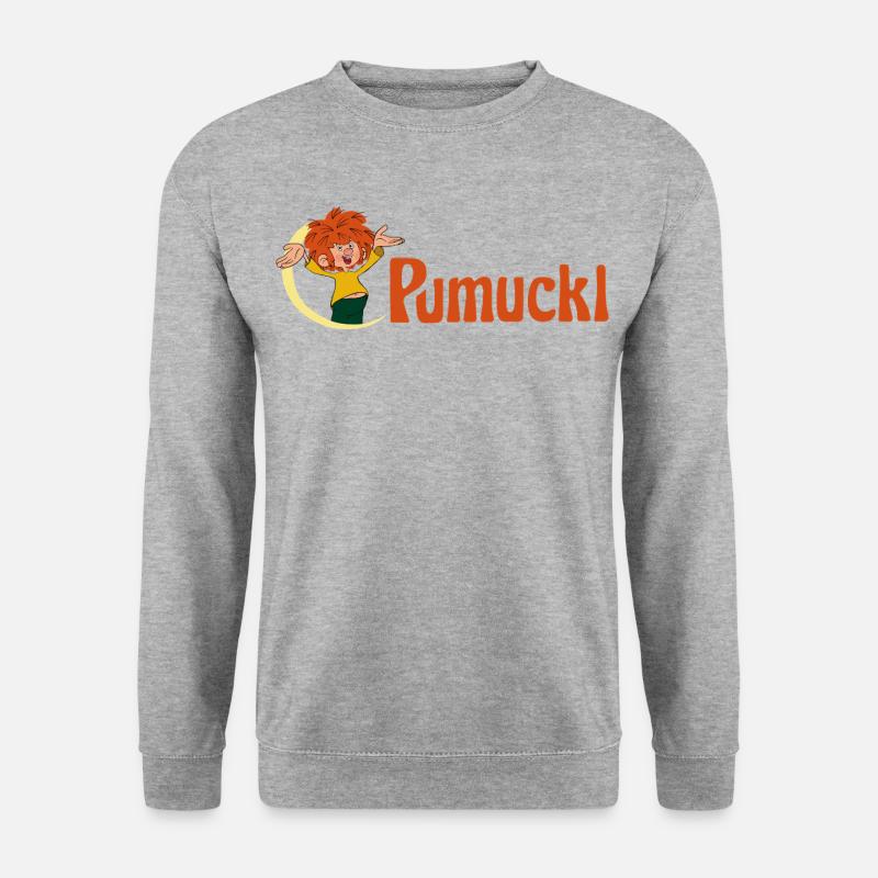 Pumuckl Mit Frecher Pose Und Logo Schriftzug - Unisex Pullover - Weißgrau meliert