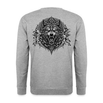 Fenrir Wolf mit Ketten und Runen – Noventra - Unisex Pullover - Weißgrau meliert - Hinten - Michal (187cm)