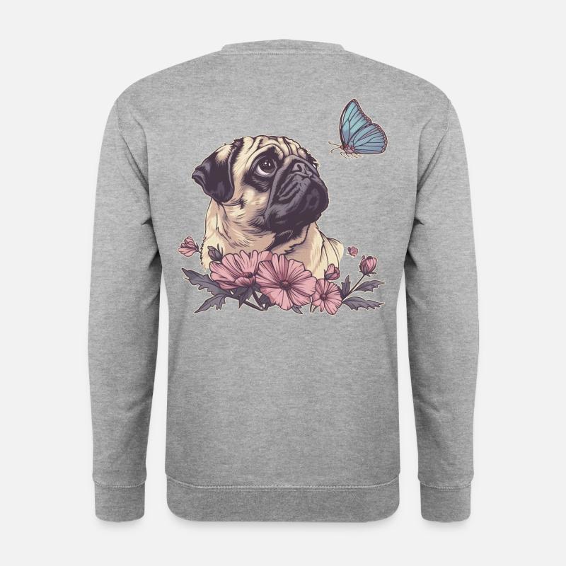 Mops und Schmetterling - Unisex Pullover - Weißgrau meliert