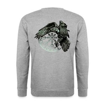 Grüne Wikingerkrähe und Runensymbol - Unisex Pullover - Weißgrau meliert - Hinten - Michal (187cm)