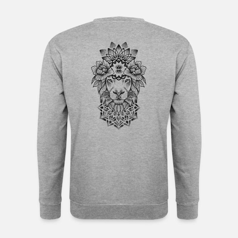 Löwen- und Mandala-Dotwork-Tattoo-Kunst - Unisex Pullover - Weißgrau meliert