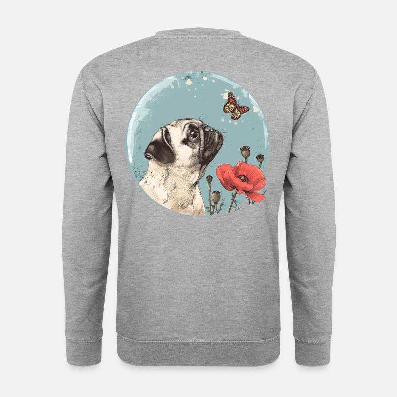 Mops mit Schmetterling - Unisex Pullover - Weißgrau meliert