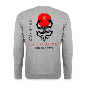 Blut, Schweiß, Respekt Rücken T-Shirt Print - Unisex Pullover - Weißgrau meliert - Hinten - Michal (187cm)