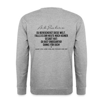Spread Love - Unisex Pullover - Weißgrau meliert - Hinten - Michal (187cm)
