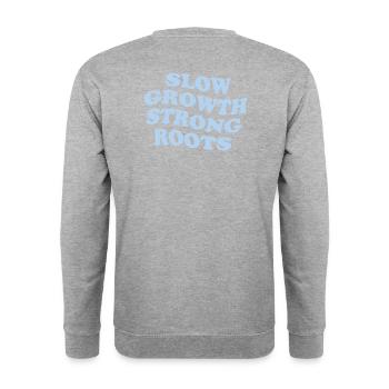 Croissance lente, racines fortes – Rappel amical Bleu - Sweat-shirt Unisexe - gris chiné - Dos - Michal (187cm)