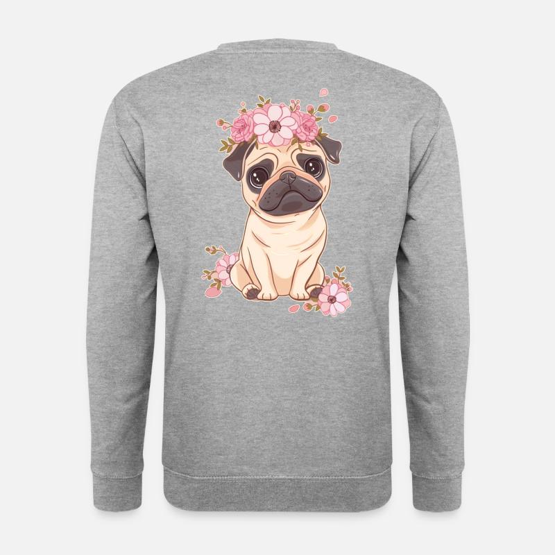 Mops mit Blumen - Unisex Pullover - Weißgrau meliert