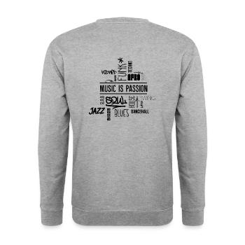 Music is passion - Wordcloud (Rücken) - Unisex Pullover - Weißgrau meliert - Hinten - Michal (187cm)