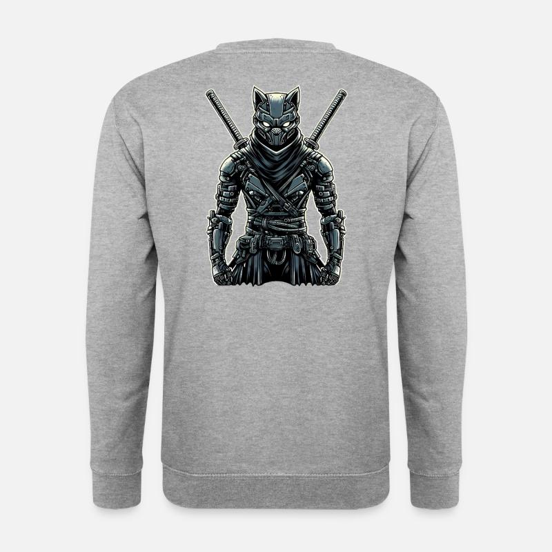 Ninja Cyborg Katze mit Schwertern - Unisex Pullover - Weißgrau meliert