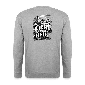 Der Herr ist mein Licht und mein Heil – Psalm 27,1 - Unisex Pullover - Weißgrau meliert - Hinten - Michal (187cm)