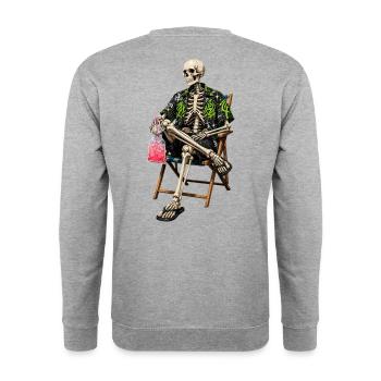 Neon-Strand-Skelett entspannt sich in Hawaiihemd - Unisex Pullover - Weißgrau meliert - Hinten - Michal (187cm)