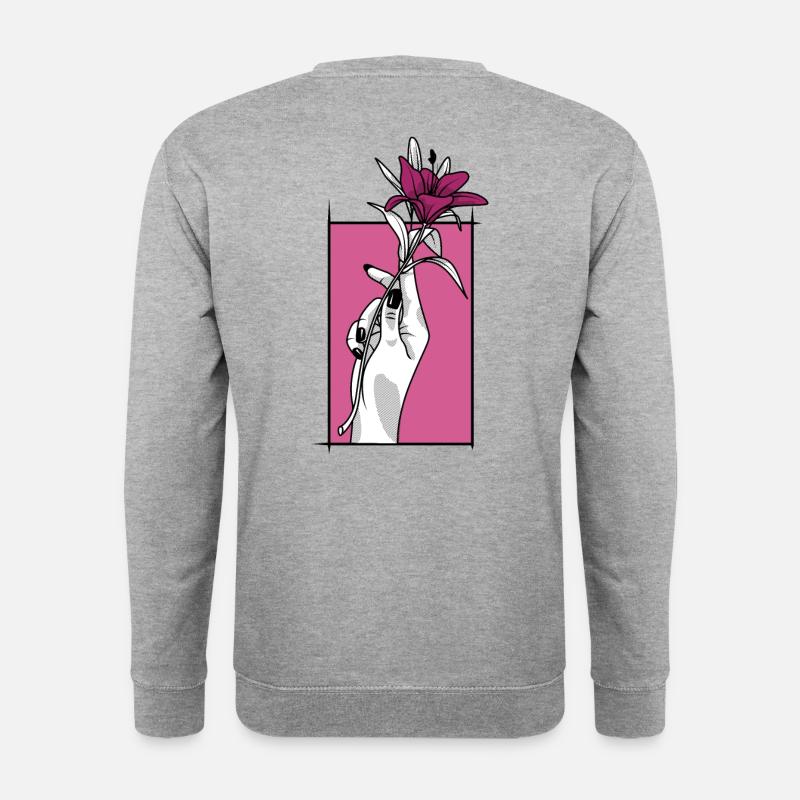 Hand mit Lilie | Pink - Unisex Pullover - Weißgrau meliert