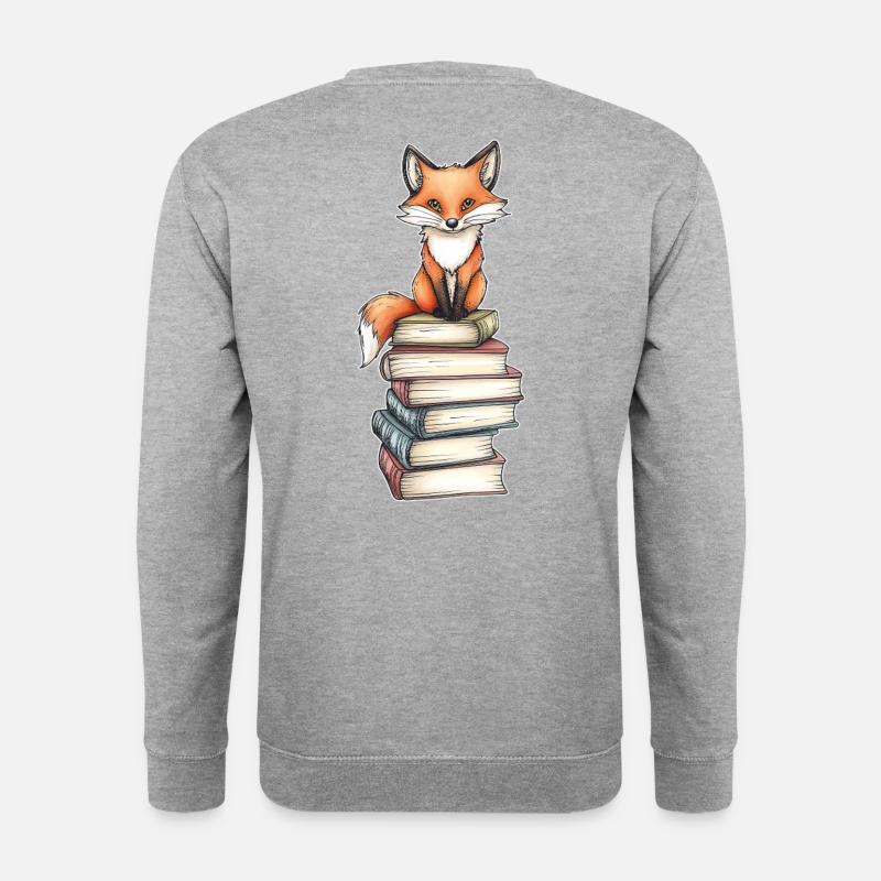 Fuchs auf Bücherstapel - Unisex Pullover - Weißgrau meliert