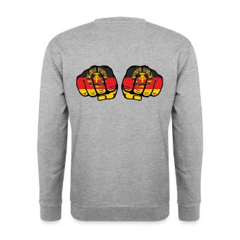 DDR Faust Held der Arbeit Abzeichen DDR Ostalgie - Unisex Pullover - Weißgrau meliert - Hinten - Michal (187cm)
