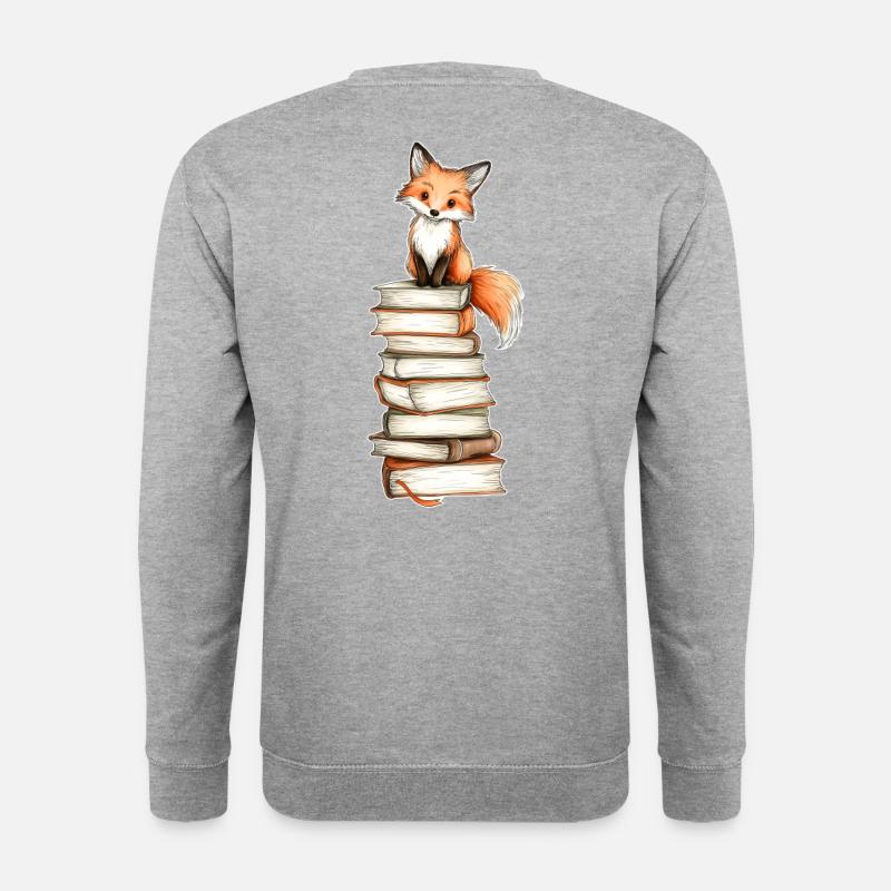 Fuchs auf Bücherstapel - Unisex Pullover - Weißgrau meliert