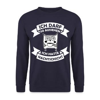 Nachtschicht, Schichtdienst, Nachtdienst, Funshirt - Unisex Pullover - Navy - Vorne - Alina (178cm) & Michal (187cm)