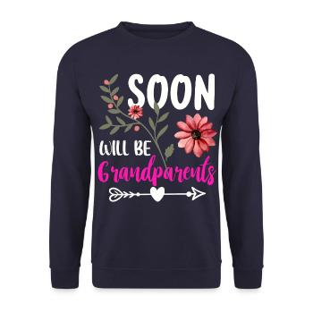 Bald werden wir Oma und Opa, Wir werden Großeltern - Unisex Pullover - Navy - Vorne - Alina (178cm) & Michal (187cm)