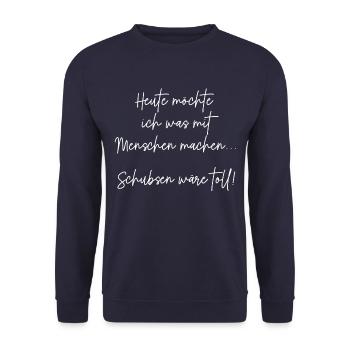 Humorvolle Spruchgrafik mit Schuss - Unisex Pullover - Navy - Vorne - Alina (178cm) & Michal (187cm)