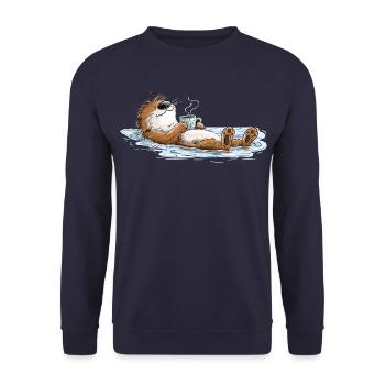 Chillender Otter Relaxen Wasser Tierhumor Cartoon - Unisex Pullover - Navy - Vorne - Alina (178cm) & Michal (187cm)