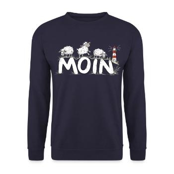 Moin Schafe Leuchtturm Nordsee Küstenhumor - Unisex Pullover - Navy - Vorne - Alina (178cm) & Michal (187cm)