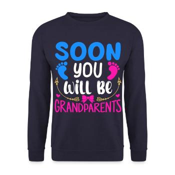 Wir werden Großeltern, Wir werden Oma und Opa - Unisex Pullover - Navy - Vorne - Alina (178cm) & Michal (187cm)