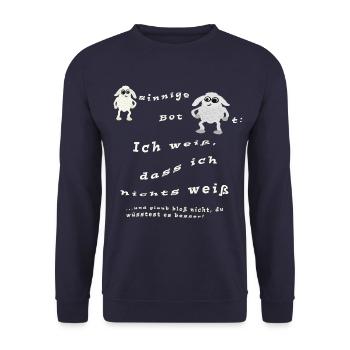Ich weiß, dass ich nichts weiß. Schaf-sinniges - Unisex Pullover - Navy - Vorne - Alina (178cm) & Michal (187cm)