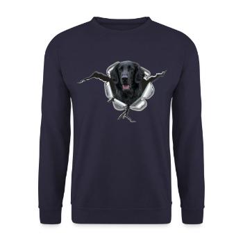 Flat Coated Retriever im Metall-Loch - Unisex Pullover - Navy - Vorne - Alina (178cm) & Michal (187cm)