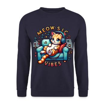 Meow-Sic Vibes: Entspannte Katze Mit Kopfhörern - Unisex Pullover - Navy - Vorne - Alina (178cm) & Michal (187cm)