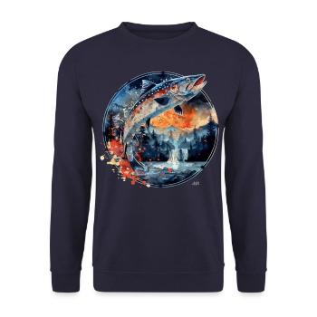Jumping Fish – Angler Motif – Dynamic Catch - Unisex Sweatshirt - navy - Front - Alina (178cm) & Michal (187cm)