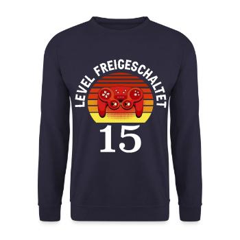 Level 15 Unlocked 15 Birthday 15 years old - Unisex Sweatshirt - navy - Front - Alina (178cm) & Michal (187cm)