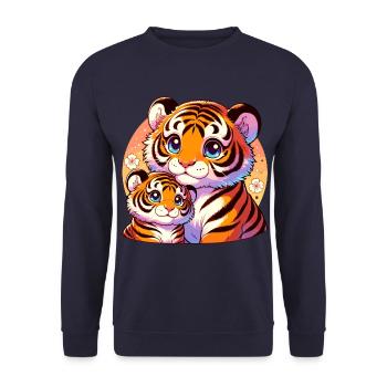 Liebevolle Tigerfamilie Illustration mit - Unisex Pullover - Navy - Vorne - Alina (178cm) & Michal (187cm)