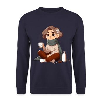 Gemütliche Abendstimmung mit Kakao und Decke - Unisex Pullover - Navy - Vorne - Alina (178cm) & Michal (187cm)