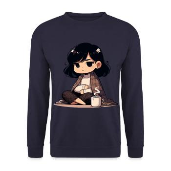 Cozy Anime Character with Hot Drink - Unisex Sweatshirt - navy - Front - Alina (178cm) & Michal (187cm)