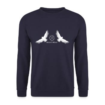 Hugin & Munin | Vegvisir | Odins Raben | weiß - Unisex Pullover - Navy - Vorne - Alina (178cm) & Michal (187cm)