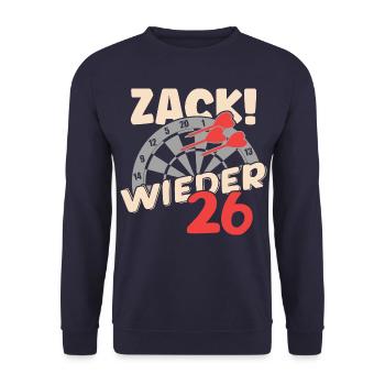 Zack wieder 26, Dartspieler Outfit, Geschenkidee - Unisex Pullover - Navy - Vorne - Alina (178cm) & Michal (187cm)