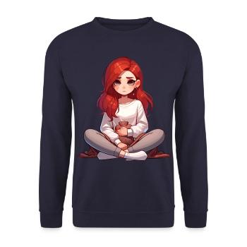 Nachdenkliches Mädchen Mit Wärmflasche - Unisex Pullover - Navy - Vorne - Alina (178cm) & Michal (187cm)