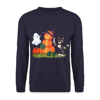 Schneemann Bauen im Halloween Style Witzig Katze - Unisex Pullover - Navy - Vorne - Alina (178cm) & Michal (187cm)