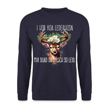 I hob koa Ledahosn Lederhose Hirsch - Unisex Pullover - Navy - Vorne - Alina (178cm) & Michal (187cm)