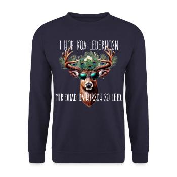 I hob koa Ledahosn Lederhose Hirsch - Unisex Pullover - Navy - Vorne - Alina (178cm) & Michal (187cm)